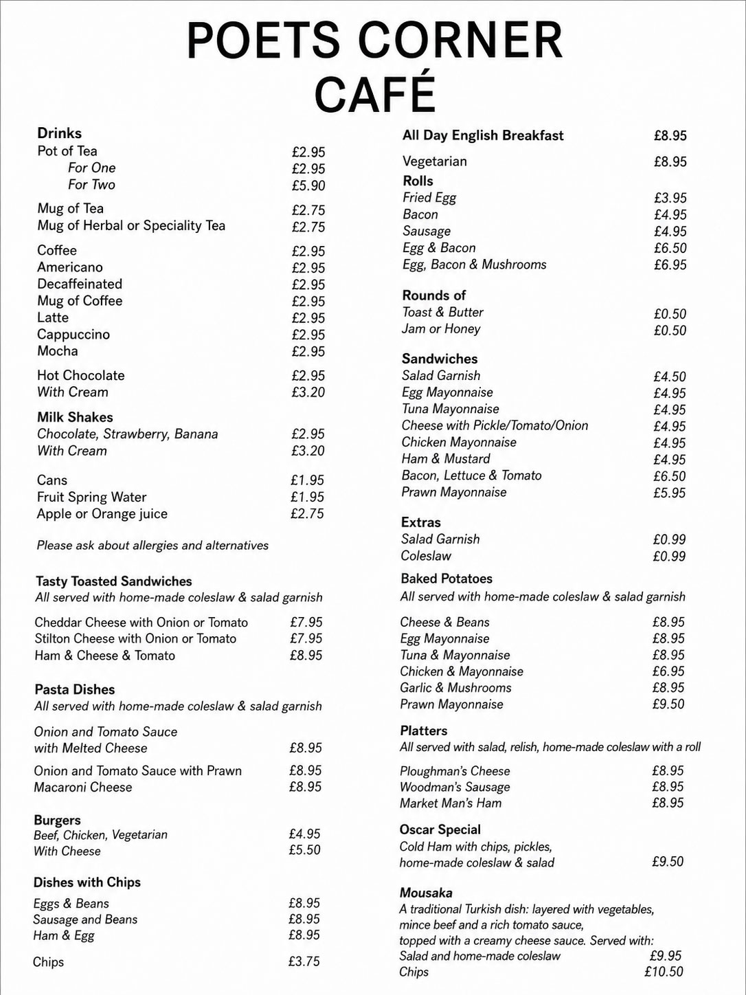 Poets Corner Café menu board
